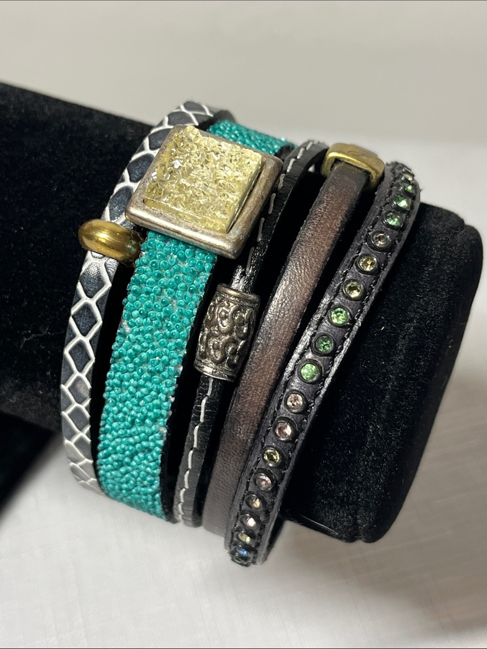 Shades of Jay Turquoise Multi-Strand Beaded & Leather Wrap Bracelet
7.5”